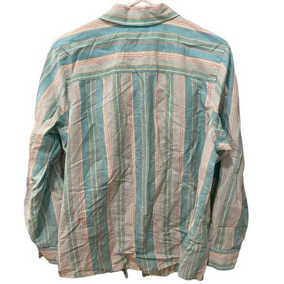 Kate Hill Blouse Womens 1X Linen Button Up Blue Striped Roll Tab Sleeve Collared - Picture 2 of 8